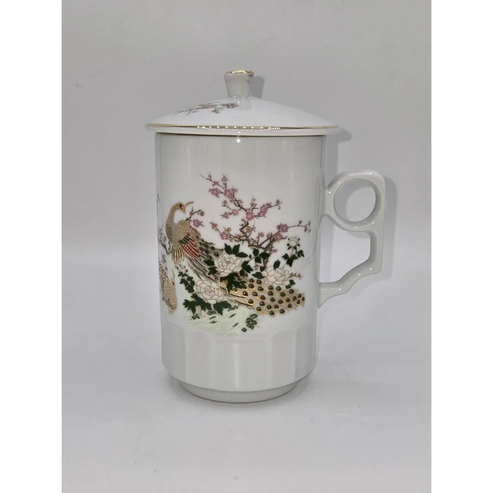 Cathay China Peacock‎ Cherry Blossom and Gold Trim Teacup with Lid Coffee Mug
